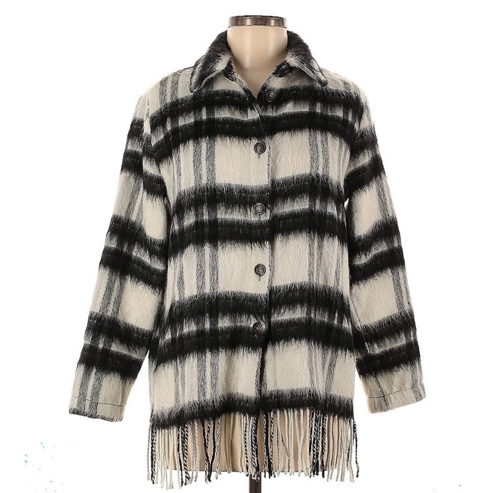 CARRE NOIR Button Up Fringed Hem Coatigan Women’s M Black White Plaid